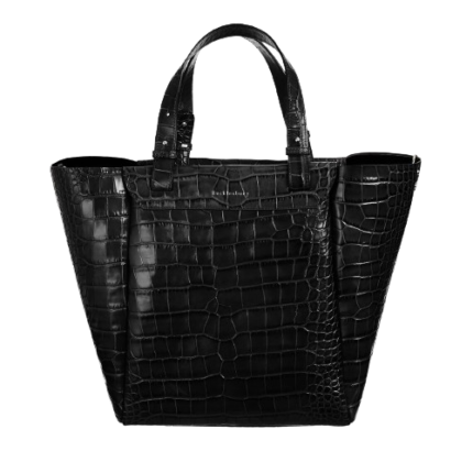Black Croc-Embossed Italian Leather Tote with Gold Hardware